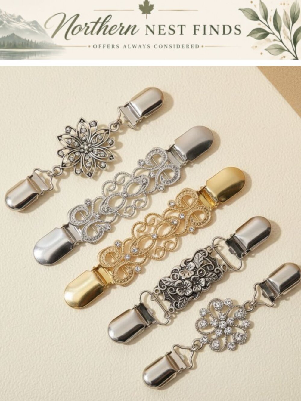 5 Pc Sweater Clip Set Alloy Rhinestone Dress Cinch Clips